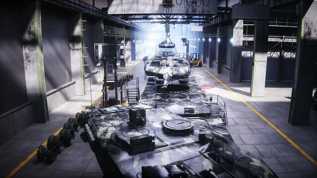 Production of military german battle tank leopard at the factory. Military factory weapon. Realistic 4k animation.