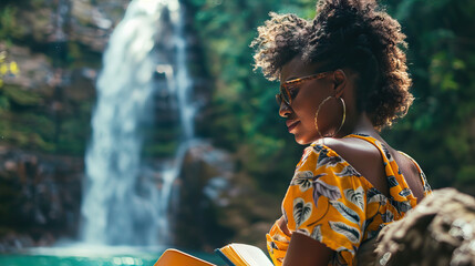 Adventurous African American Woman Journaling Her Travels by a Waterfall. Concept of Adventure, Reflection, and Nature. - obrazy, fototapety, plakaty