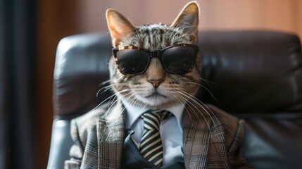 A swagger cat wearing sunglasses and a suit with a tie, copy space, 16:9