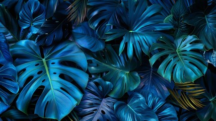 Tropical Leaves Illuminated with Blue and Green color, 16:9