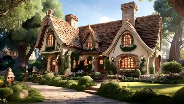 fairy tale house with a beautiful garden full of butterflies