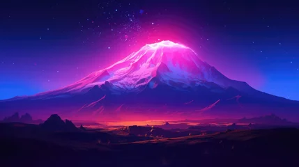 Crédence de cuisine en verre imprimé Violet Enchanting Landscape of Fuji Mountain in Japan with Pink neon Sky and Snowy Peaks