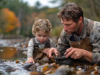 Adult man and a young boy engaged in panning for gold in a scenic forested river during fall. Father’s Day