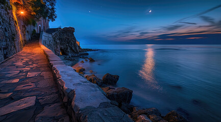 A calming coastal scene at twilight, with a pathway alongside the sea wall, stars emerging in the sky, and the gentle glow of the moon overhead