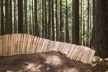 Forest biking trail in summer with wooden trail riding feature. Curved wood boardwalk with bermed corner. BC rainforest with tall trees and lush foliage. CBC, North Vancouver, Canada. Selective focus.