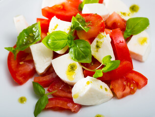 .Light salad with young cheese and tomatoes with pesto sauce