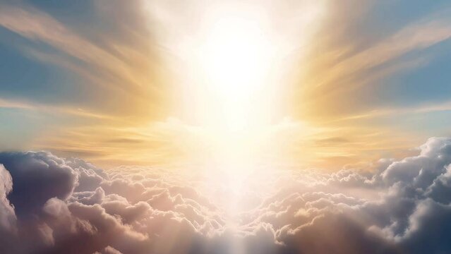 Sunlight beams breaking through clouds in majestic sky. Concept of heaven