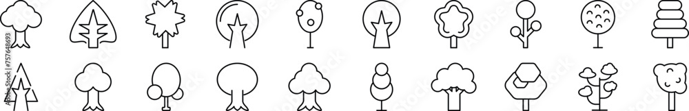 Poster collection of outline symbol of various trees. editable stroke. simple linear illustration for store