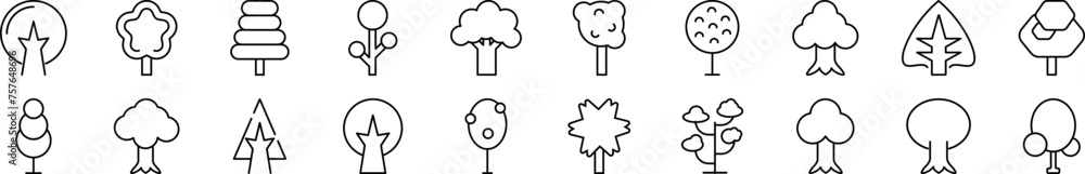 Poster various trees linear vector icons collection. editable stroke. simple linear illustration for web si