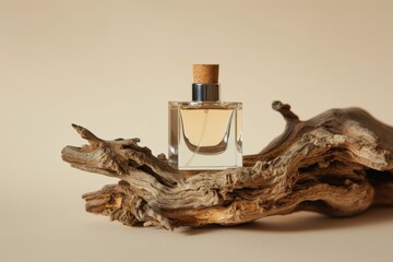 Perfume bottle against contrasting wooden branch.