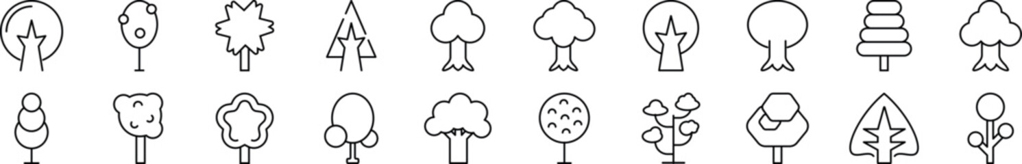 Set of thin line icons of various trees. Editable stroke. Simple linear illustration for web sites, newspapers, articles book