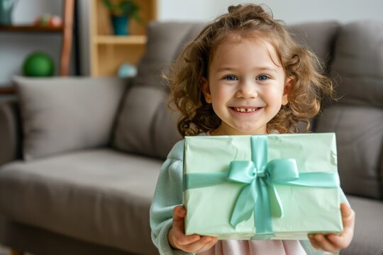 Happy cute little child holding gift box in living room, Celebration at home