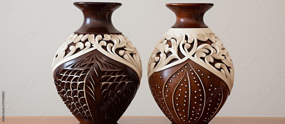 Poster two beautiful ceramic vases are displayed side by side on a table, showcasing intricate patterns and