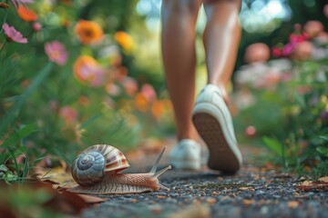 a scene from the low viewpoint of a snail in a lush, green park. A girl is walking side the snail - obrazy, fototapety, plakaty
