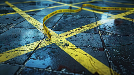 Murder Mystery: Crime Scene with Chalk Outline and Police Tape, Capturing the Aftermath of a Tragic Event, Prompting Viewers to Piece Together the Puzzle. - obrazy, fototapety, plakaty