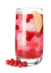 Tasty cranberry cocktail with ice cubes and lime in glass isolated on white