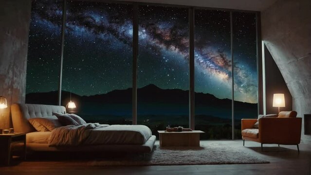 bedroom interior with a view of the milky way galaxy on a landscape of outer space at night. Seamless looping 4K video animation.