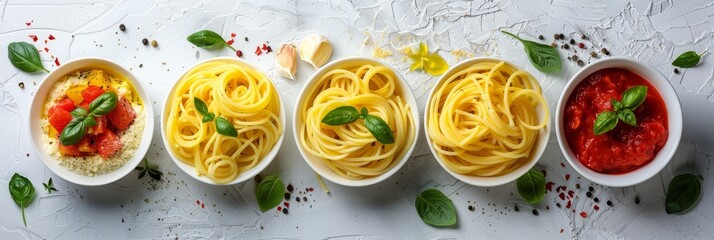 Assorted appetizing spaghetti dishes with various pasta types and sauces on bright white background