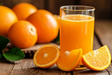 Glass of orange juice with oranges on wooden table.