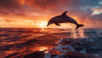 Zelfklevend Fotobehang A dolphin leaps from the shimmering ocean waters against the backdrop of a dramatic orange sunset © Seasonal Wilderness