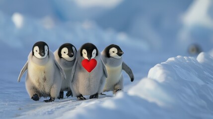 Penguins with red hearts marching in unity on icy glacier symbolize solidarity in harsh beauty.
