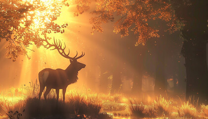 In a misty forest bathed in golden sunlight, a deer with grand antlers stands quietly in the serene morning