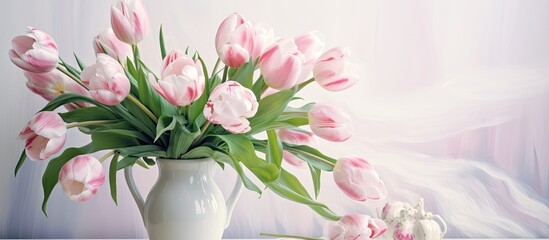 A beautiful arrangement of pink tulips in a vase adorns a table, showcasing the creativity of flower arranging as an art form