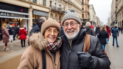 Elderly european couple smiling while taking selfie with urban downtown view in background