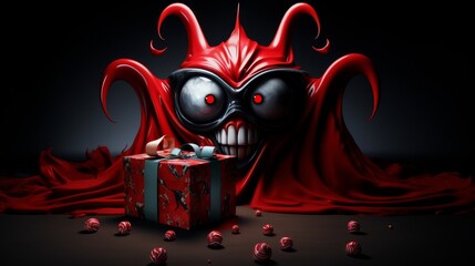 A gift box with an otherworldly design held by a devilish figure