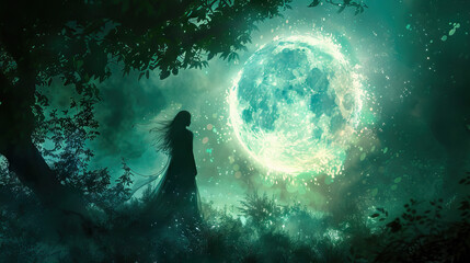 A Woman with an Illuminated Orb, Her Figure Silhouetted Against the Enchanted Woods, Casting a Soft Glow That Hints at Mystical Forces and Otherworldly Secrets
