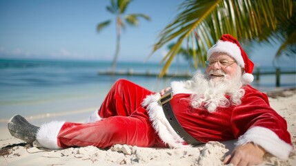 Obraz premium Santa claus enjoying relaxing time on a tropical beach with ample copy space for text placement