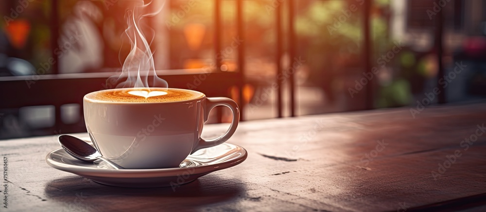 Poster a coffee cup and saucer are placed on a wooden table, creating a charming display of tableware and d