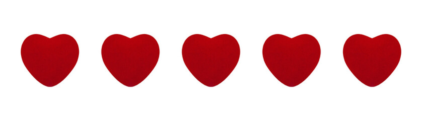 cutout of five red velvet heart-shaped pillows isolated transparent png