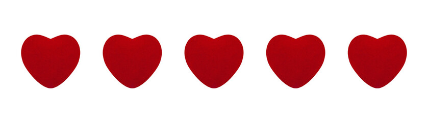 cutout of five red velvet heart-shaped pillows isolated transparent png