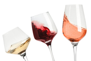 Different types of wine splashing in glasses on white background