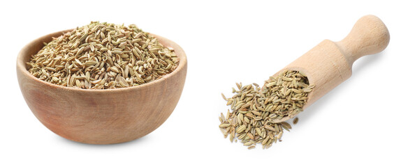 Many dry fennel seeds isolated on white