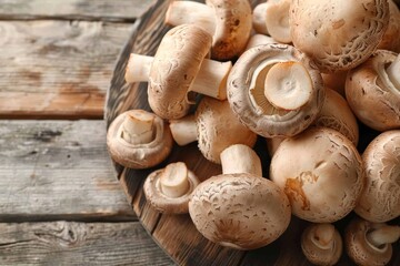Champignon mushrooms on a wooden board