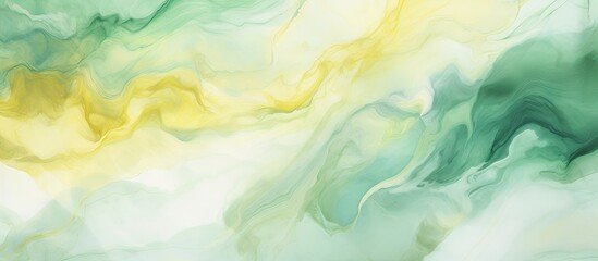 Fototapeta na wymiar An artistic closeup of a swirling green and yellow paint pattern on a white background, resembling a liquid cumulus event in watercolor paint drawing