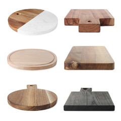 Different wooden cutting boards isolated on white, set