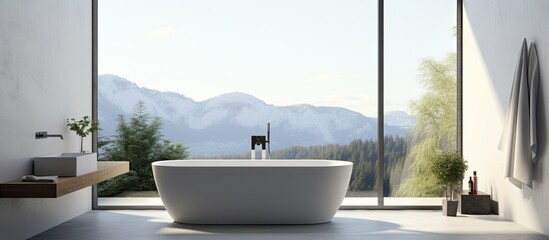 A luxurious bathroom features a bathtub overlooking mountains through a large window. The sky, water, and trees outside create a serene atmosphere - obrazy, fototapety, plakaty