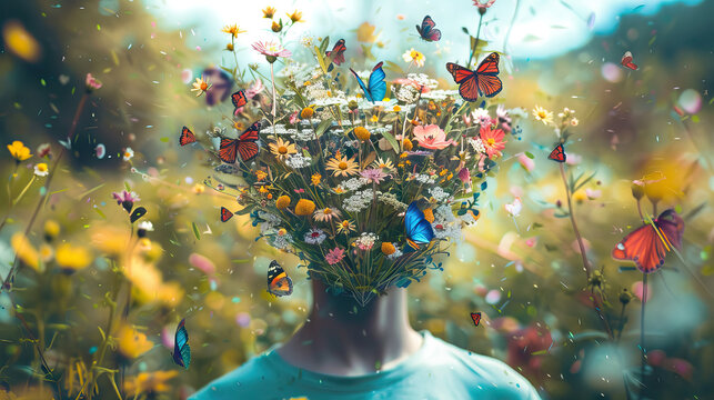 A person with a head made of flowers, blooming in a garden as butterflies flutter around.