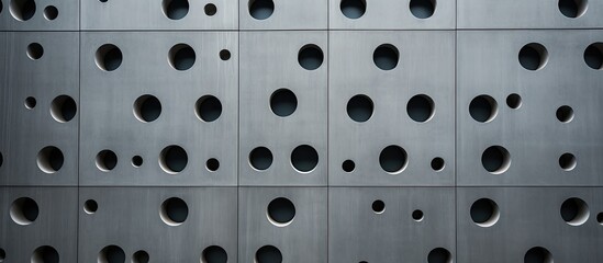 A detailed shot of a metal panel featuring a pattern of circular and rectangular holes, showcasing symmetry and material properties
