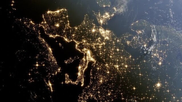 Animation of planet earth rotating with Europe light pollution map showing main capital city from the space 3d rendering animation 