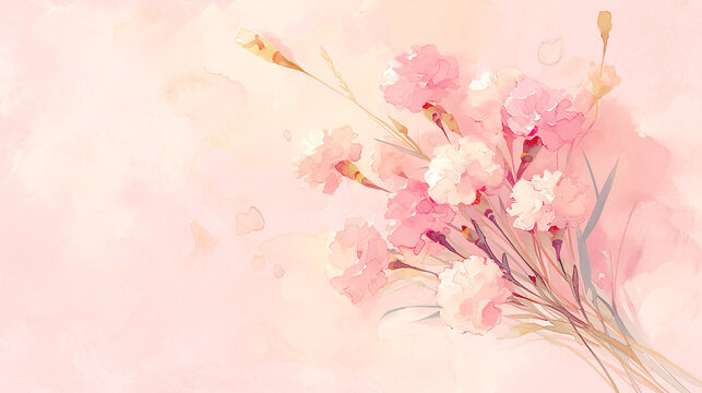 淡いピンクのカーネーションの花束の水彩イラスト背景