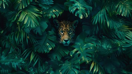 Majestic jaguar with intense gaze emerging from dense dark tropical jungle foliage