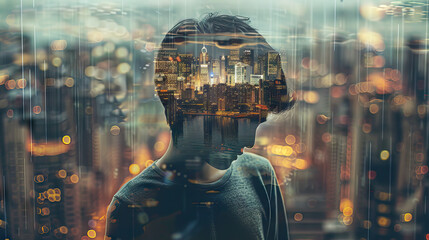 A person with a transparent head revealing a miniature city world. Double Exposure.