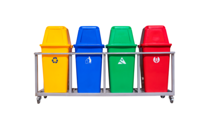 Different colors of garbage waste sorting bins on steel frame with wheels for easily movable isolated on transparent background, png file