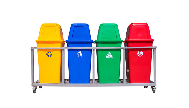 Different colors of garbage waste sorting bins on steel frame with wheels for easily movable isolated on transparent background, png file