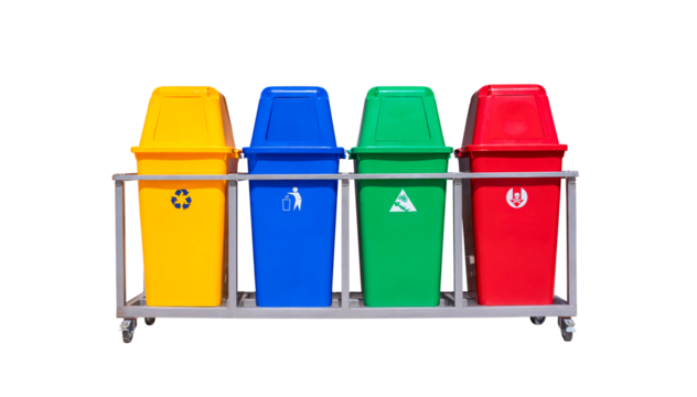 Different colors of garbage waste sorting bins on steel frame with wheels for easily movable isolated on transparent background, png file