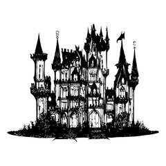 hand drawn illustration of abamdoned castle, creepy and spooky